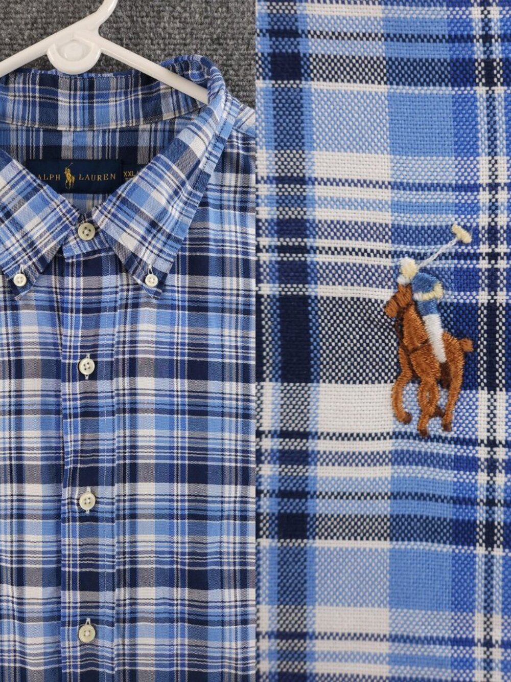Ralph Lauren Oxford Plaid OCBD 2XL Button-Down Blue Mens Shirt Long Sleeve Adult
